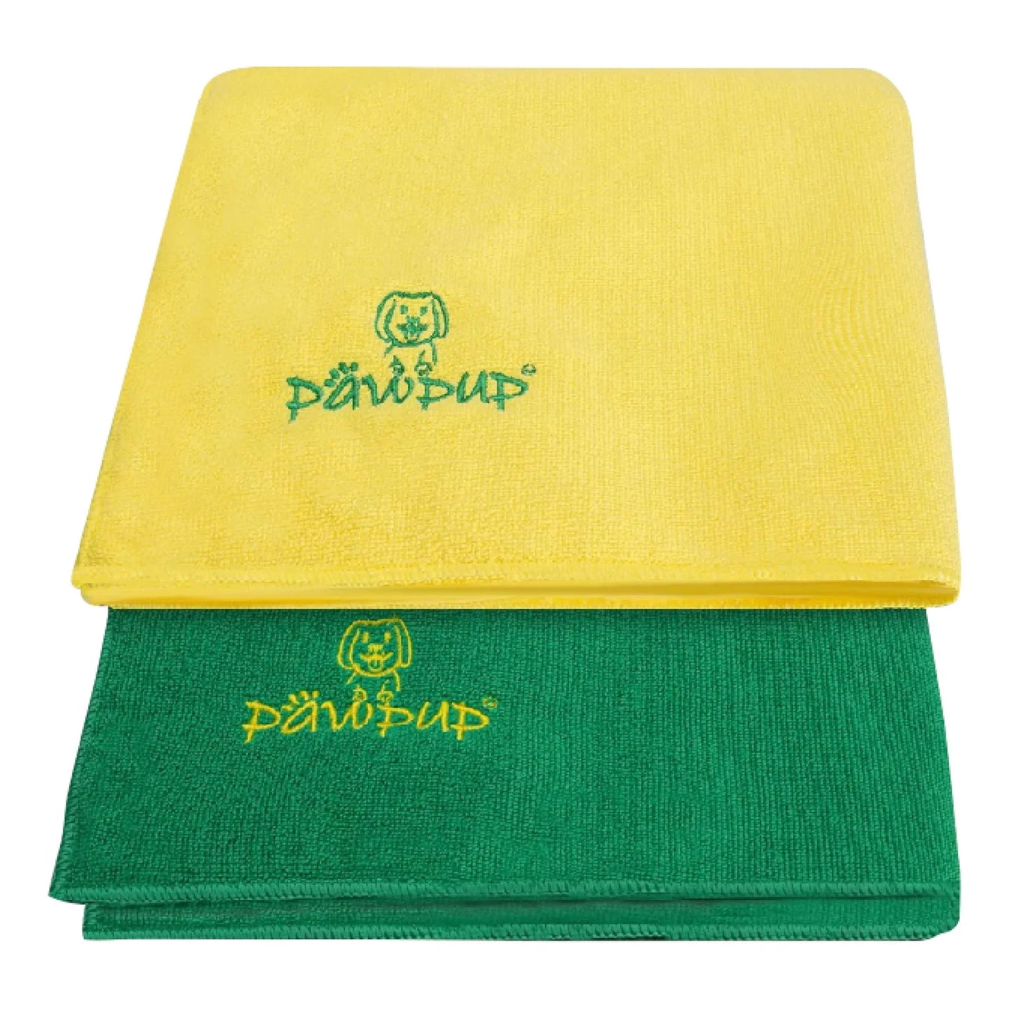 Yellow and green super absorbent microfiber pet towels for dogs and cats, folded and stacked