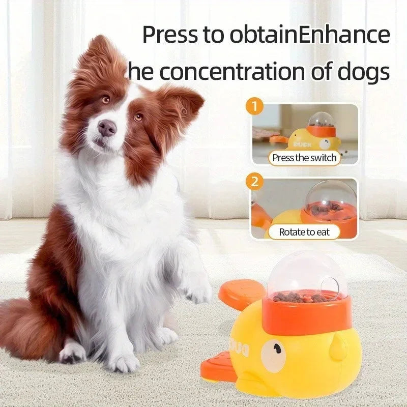 Dog interacting with duck-shaped interactive treat dispenser toy on carpeted floor