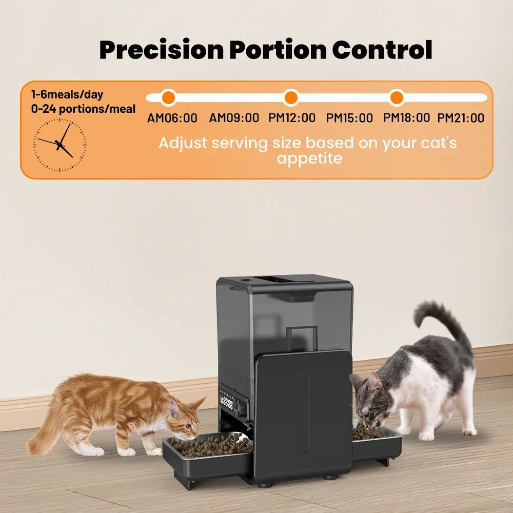 Automatic cat feeder with two cats eating, showing scheduled portion control for pet feeding.