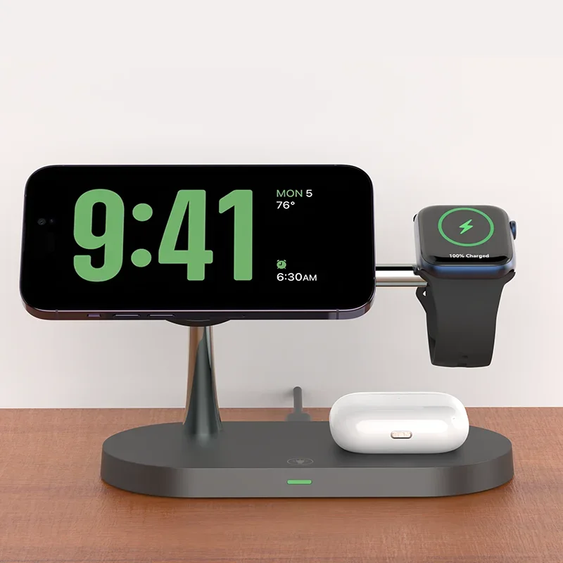 3-in-1 wireless charging station with smartphone, smartwatch, and earbuds on wooden surface