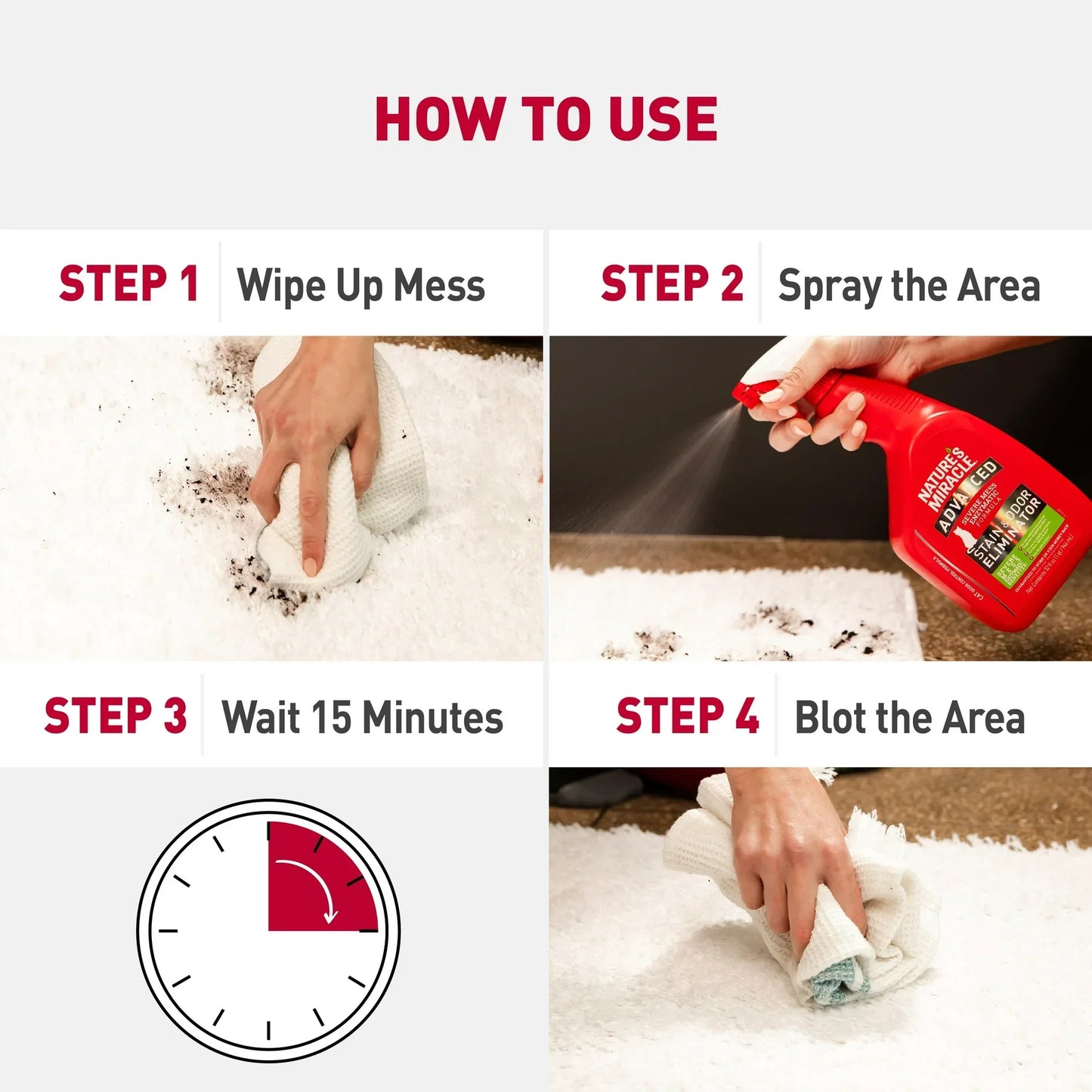Step-by-step carpet stain removal with spray cleaner, cloth, and timer illustration.