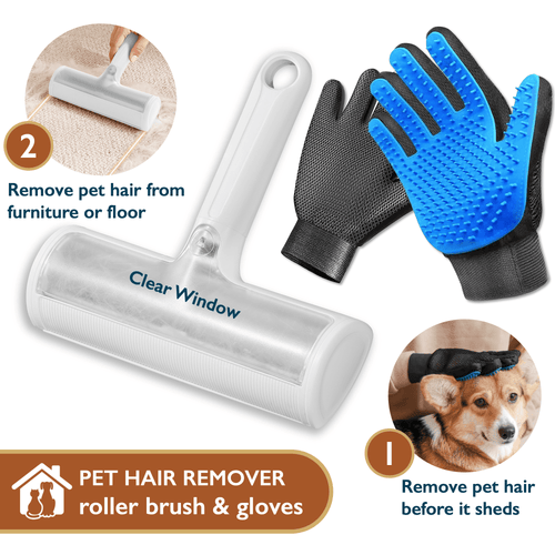 ComfiTime Pet Hair Remover & Pet Grooming Gloves Set, Dog/Cat Grooming Washing Gloves, Dog Brush Deshedding Tool, Reusable Lint Roller for Pet Hair, Dog/Cat Hair/Fur Remover for Carpet, Furniture