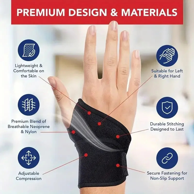 Black adjustable wrist support brace made with breathable neoprene and nylon, shown on a hand.