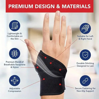Black adjustable wrist support brace made with breathable neoprene and nylon, shown on a hand.