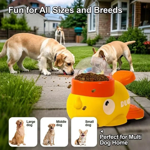 Dogs using a yellow automatic pet feeder outdoors, suitable for all dog sizes and breeds.