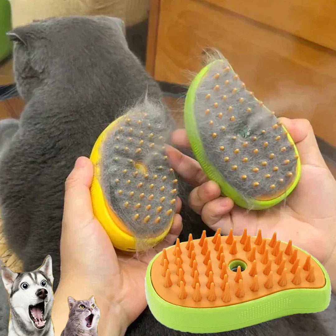 Pet grooming brush with soft silicone bristles removing loose fur from gray cat